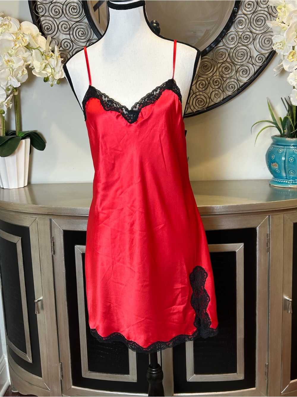 Victoria's Secret Red Satin Slip with Black Lace Trim